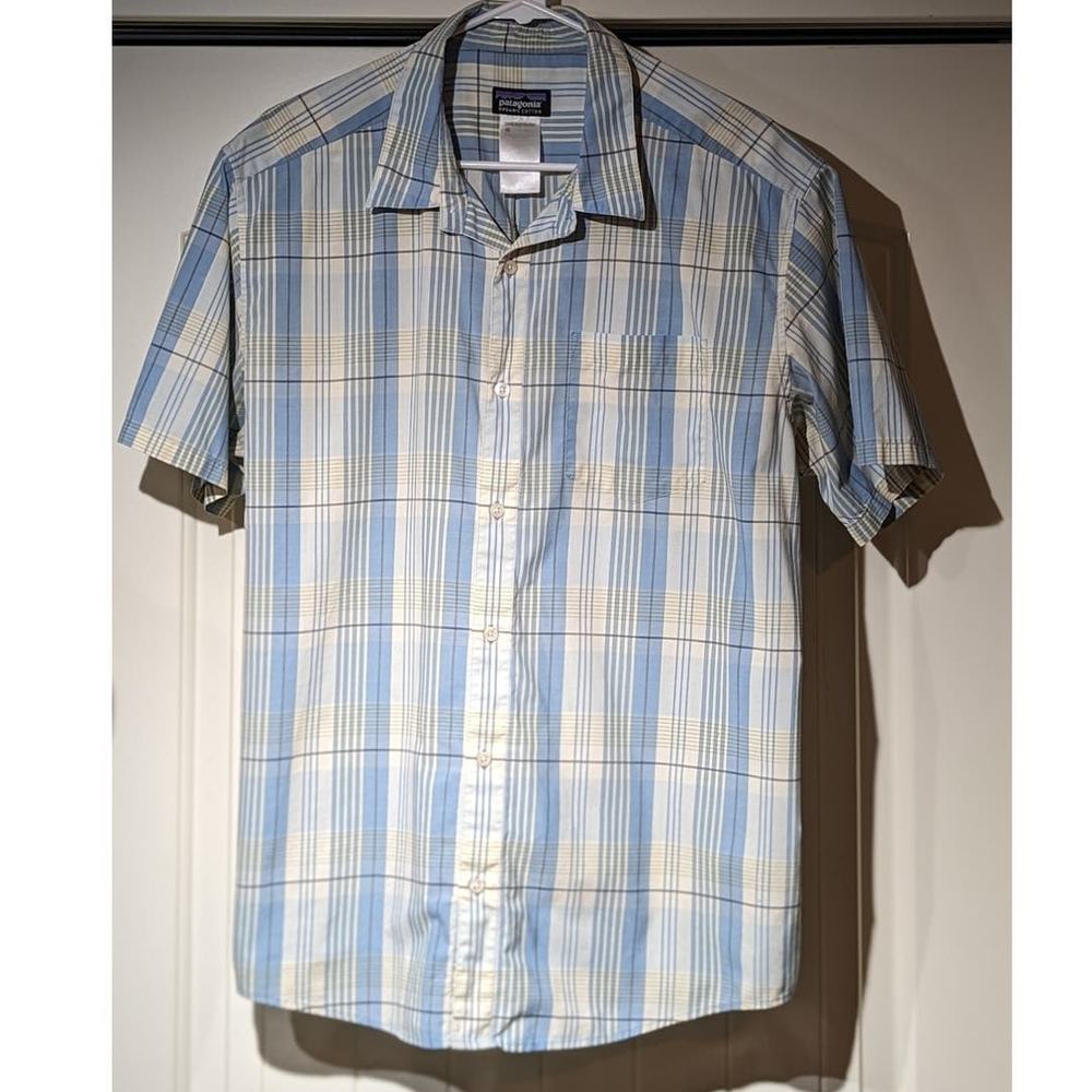 Patagonia Organic Cotton Light Blue Plaid Short Sleeve Button Up Shirt Mens Sz L
